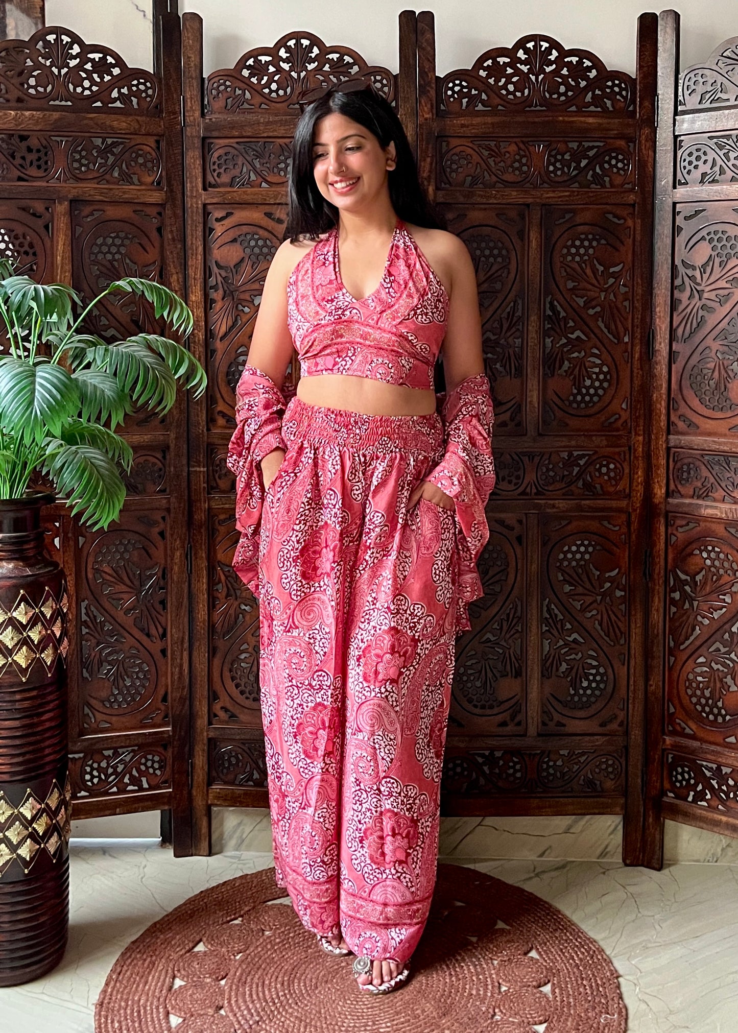 Kimono, Halter Neck Top & Pants (3 Pc Co-ord Set) - Roses