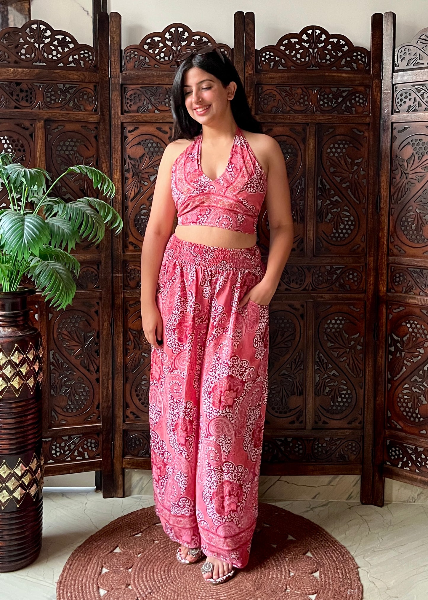 Kimono, Halter Neck Top & Pants (3 Pc Co-ord Set) - Roses