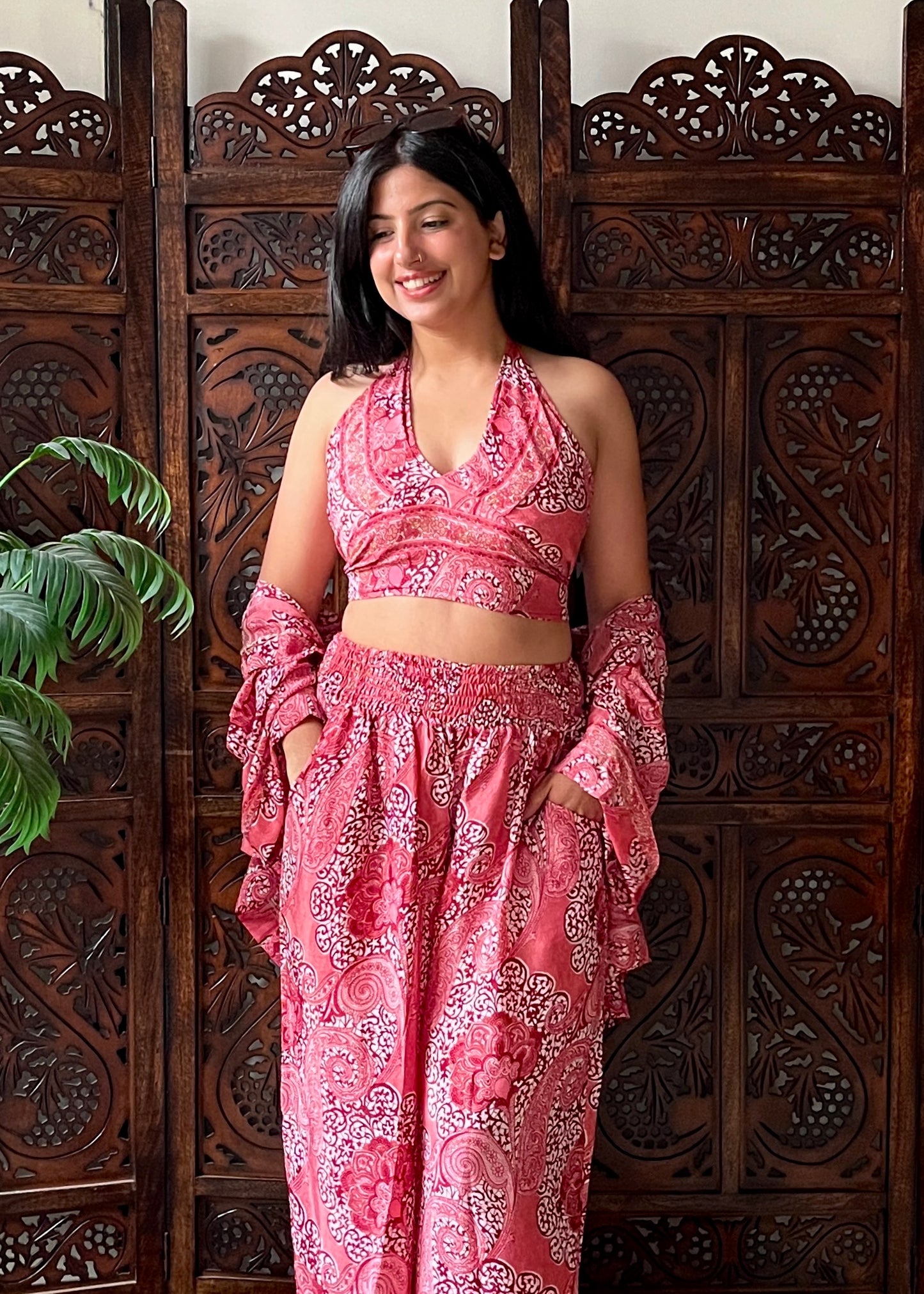 Kimono, Halter Neck Top & Pants (3 Pc Co-ord Set) - Roses