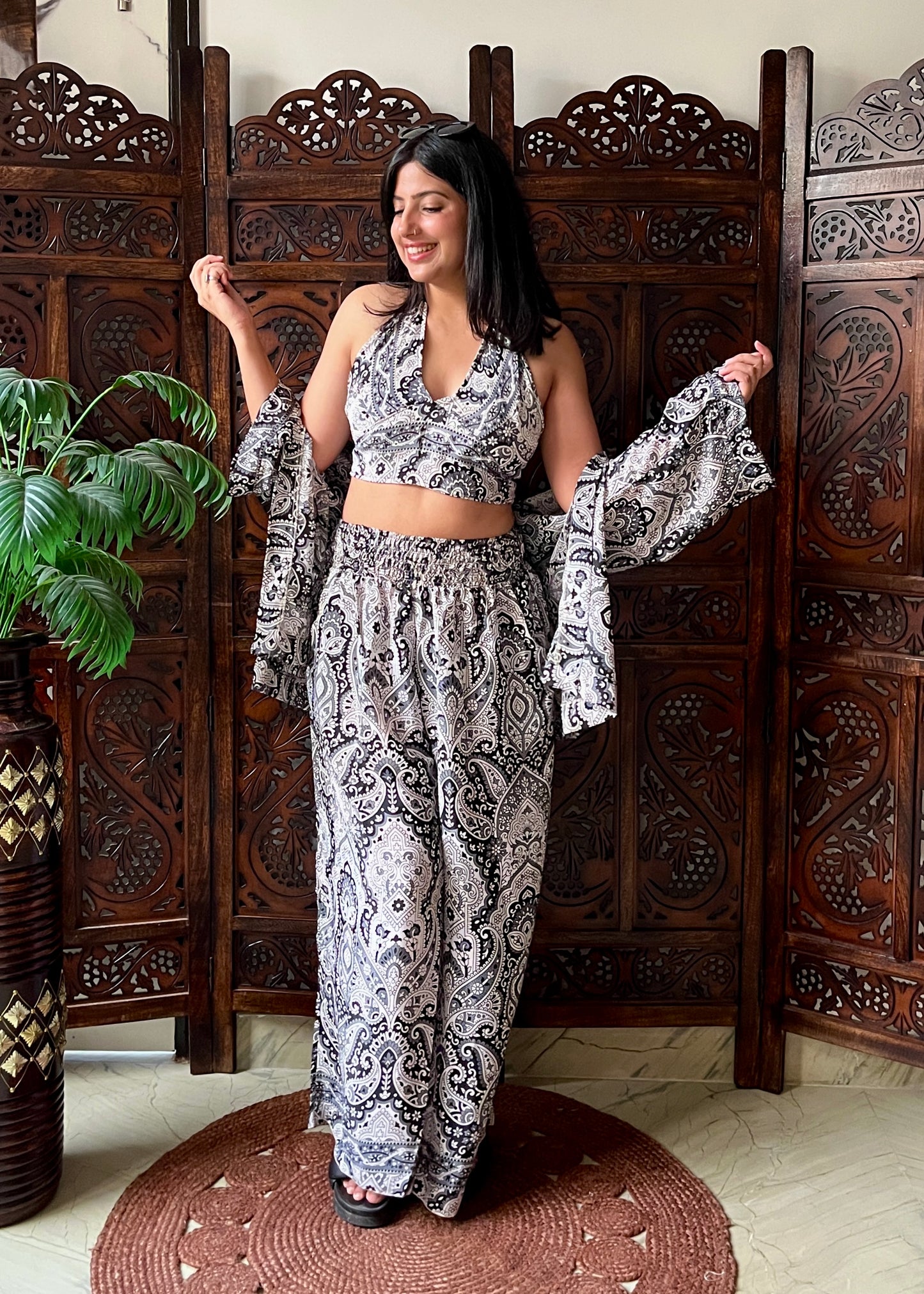 Kimono, Halter Neck Top & Pants (3 Pc Co-ord Set) - Neutral Love