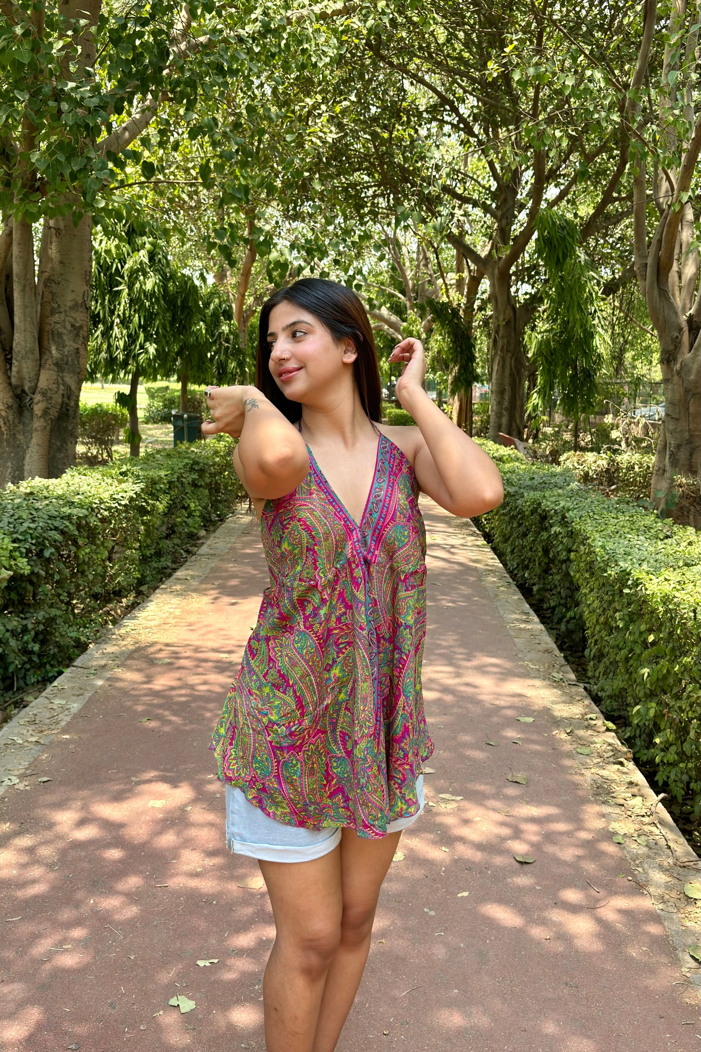 Short Kurti / Boho Halter Neck Top (Forest)