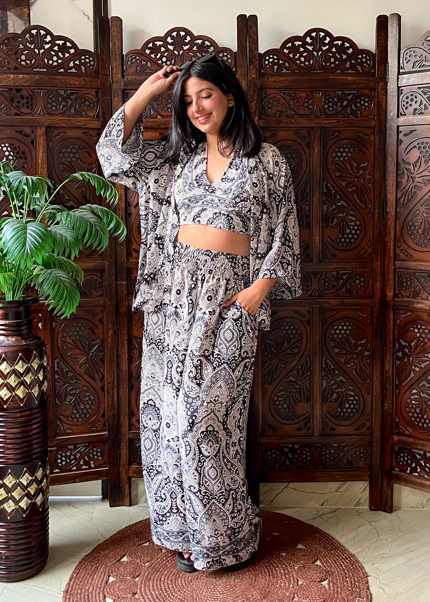 Kimono, Halter Neck Top & Pants (3 Pc Co-ord Set) - Neutral Love