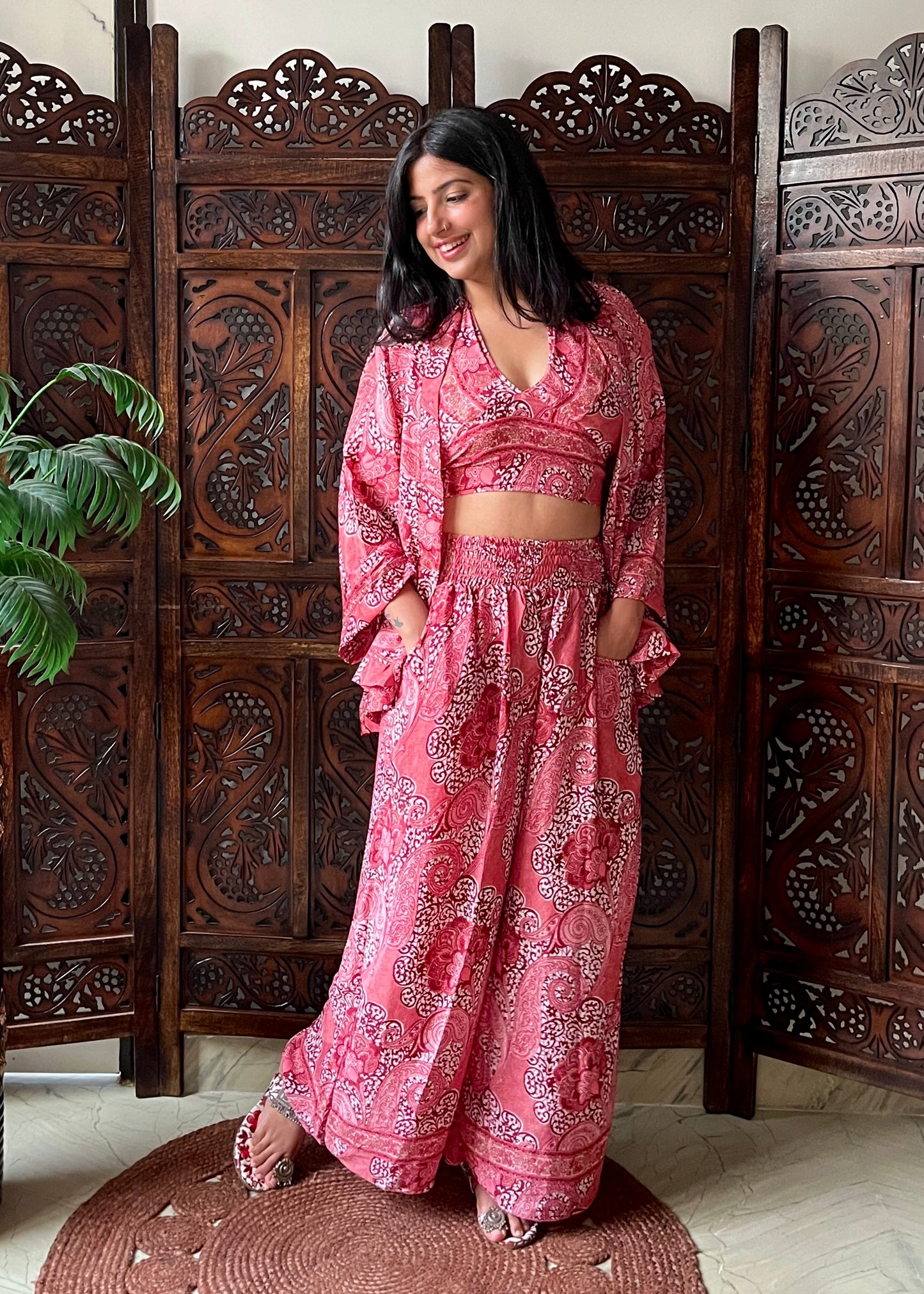 Kimono, Halter Neck Top & Pants (3 Pc Co-ord Set) - Roses