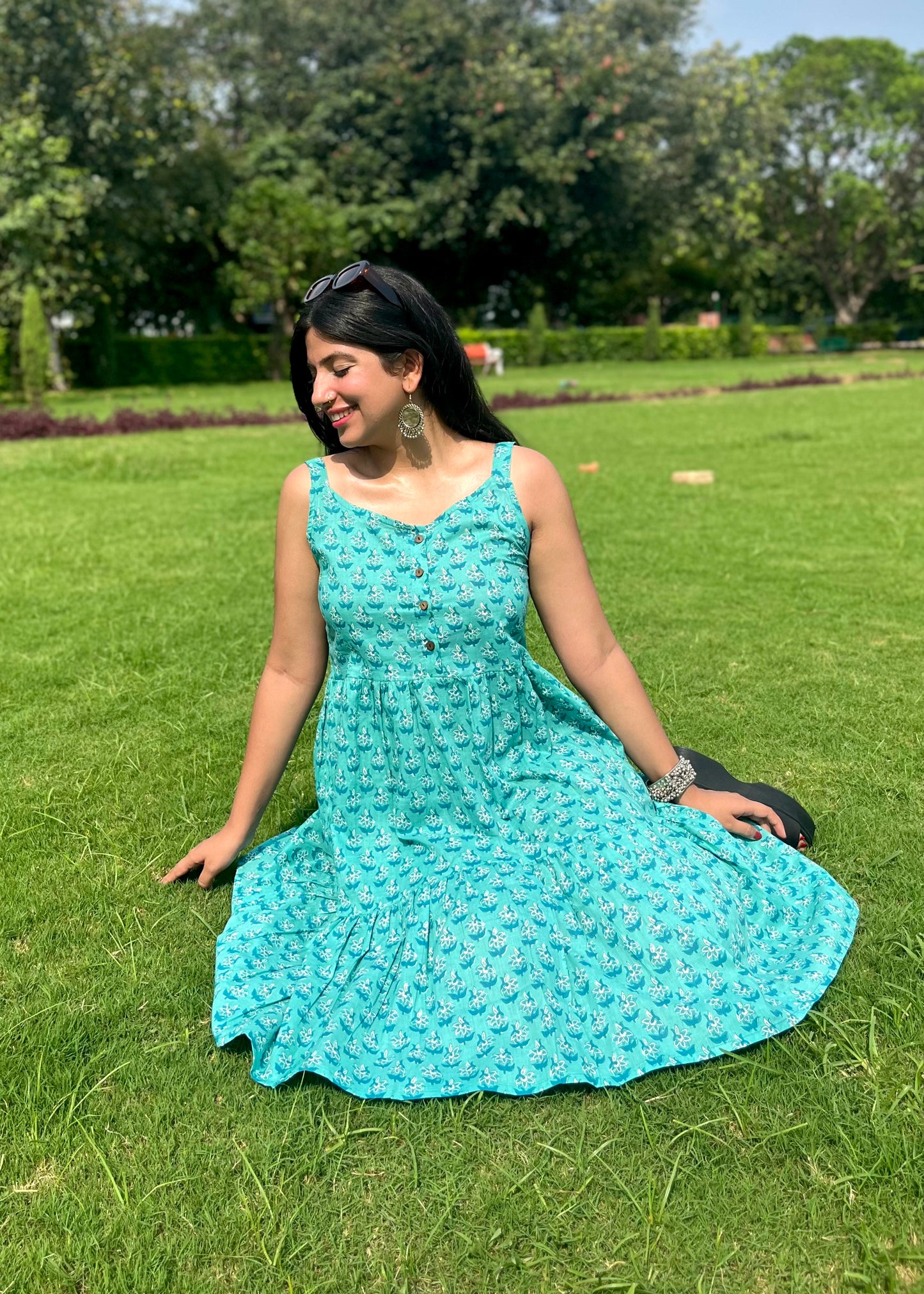 Jaipuri Print Cotton Dress (Tiffany Blue)