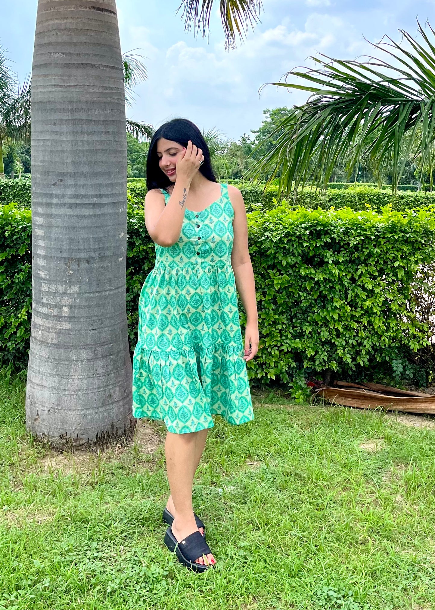 Jaipuri Print Cotton Dress (Green)