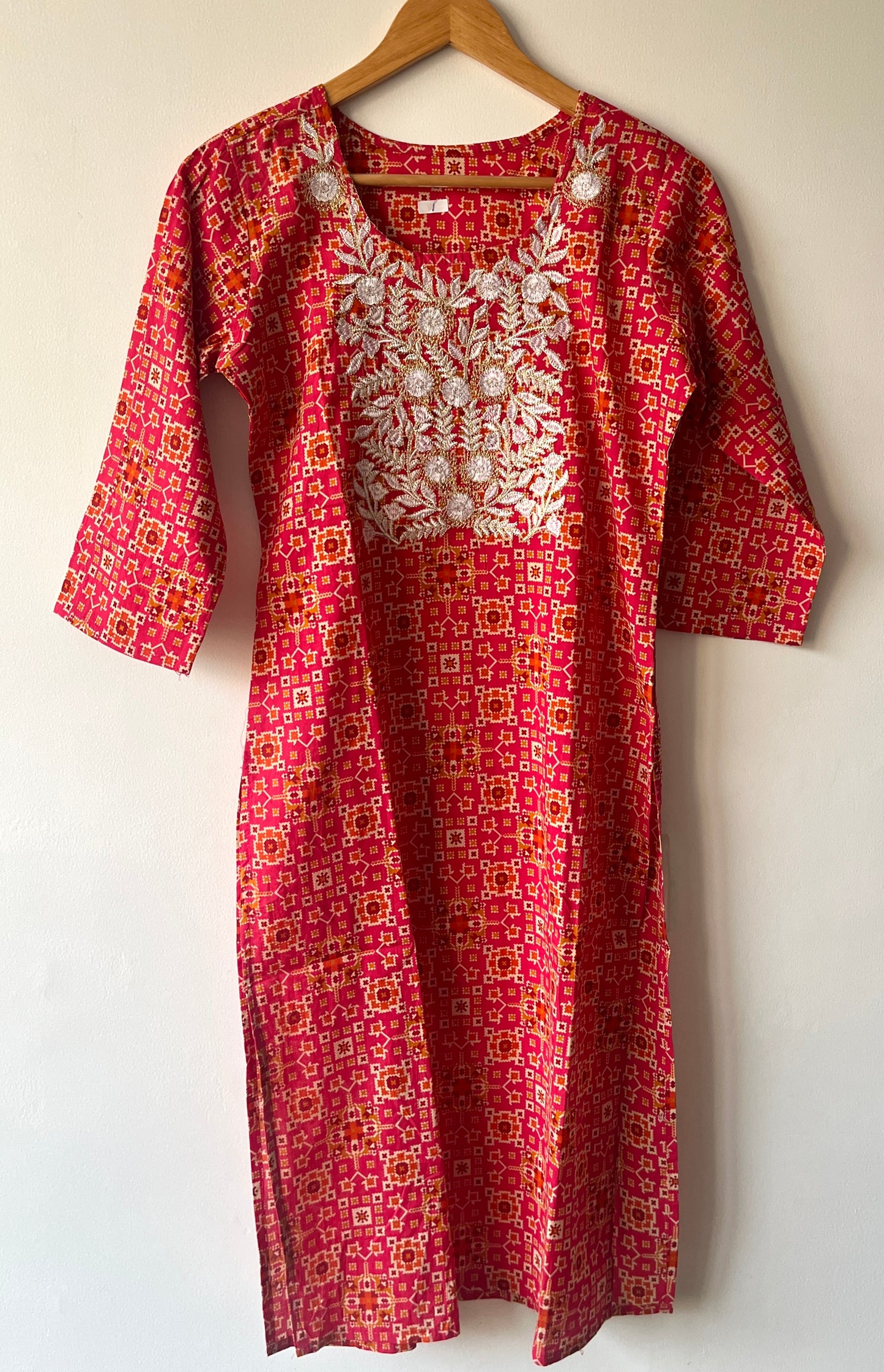 Long Kurta with Embroidered Neck - Rani Pink