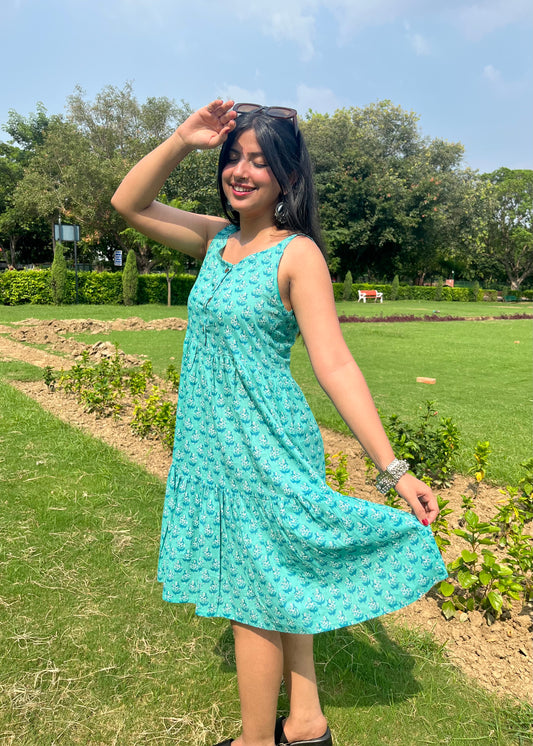 Jaipuri Print Cotton Dress (Tiffany Blue)