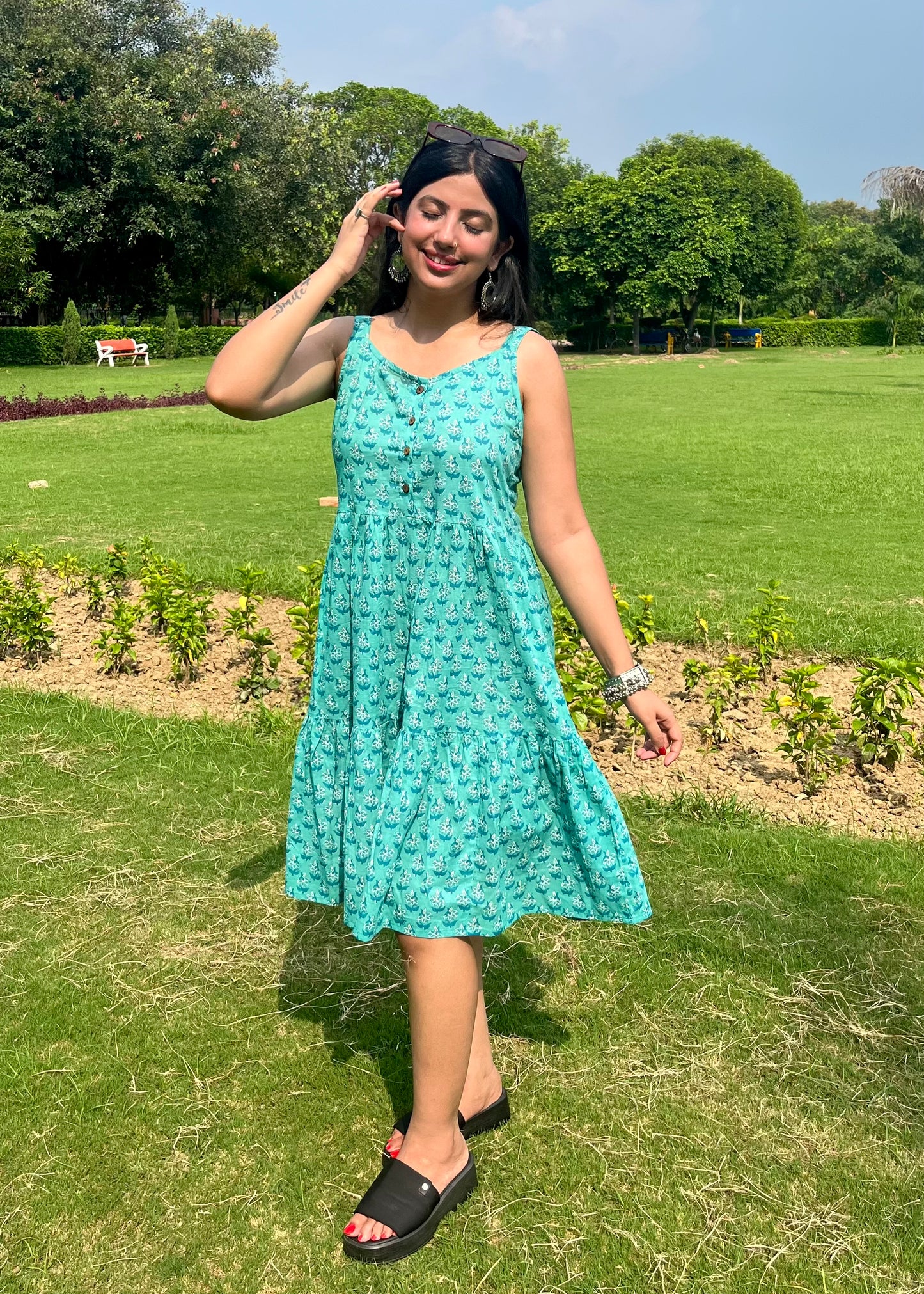 Jaipuri Print Cotton Dress (Tiffany Blue)