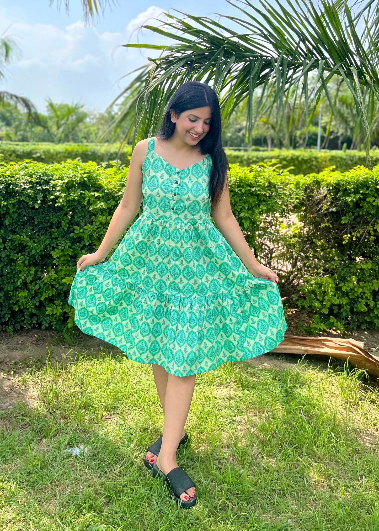 Jaipuri Print Cotton Dress (Green)