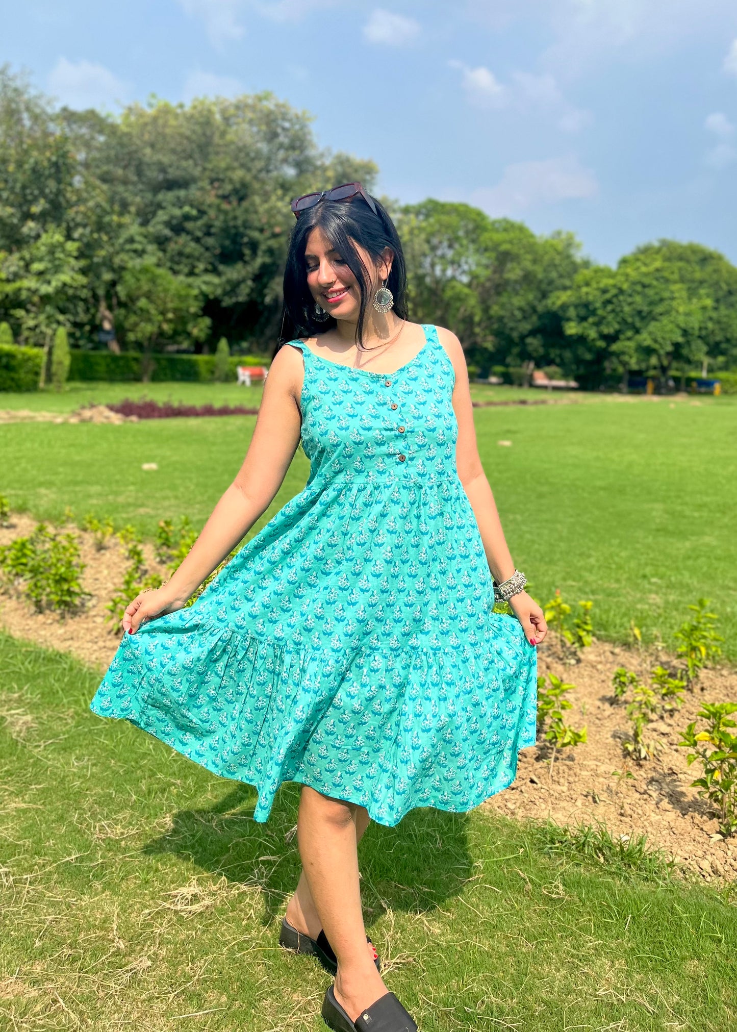 Jaipuri Print Cotton Dress (Tiffany Blue)