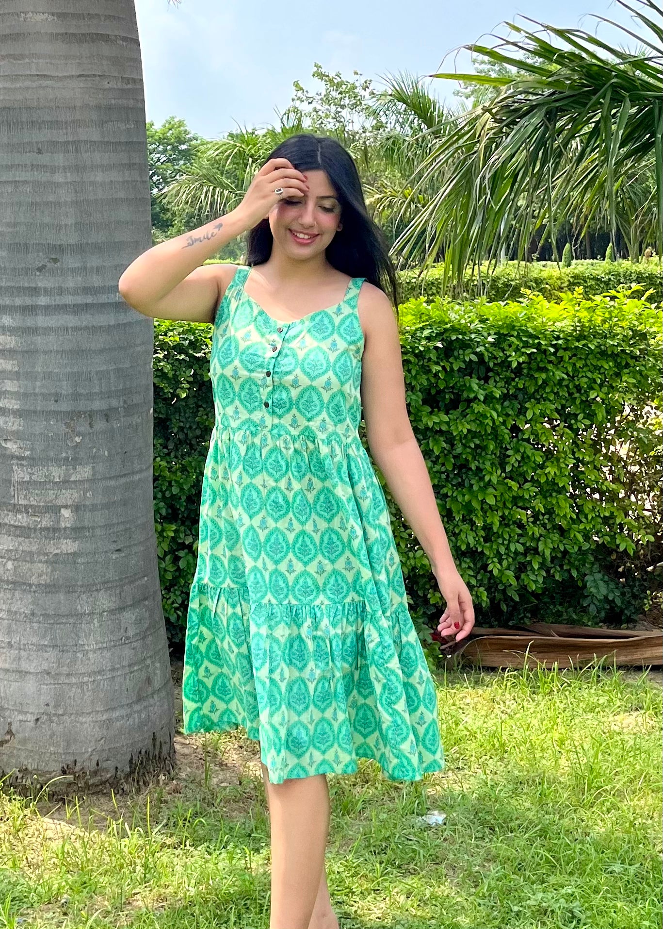 Jaipuri Print Cotton Dress (Green)