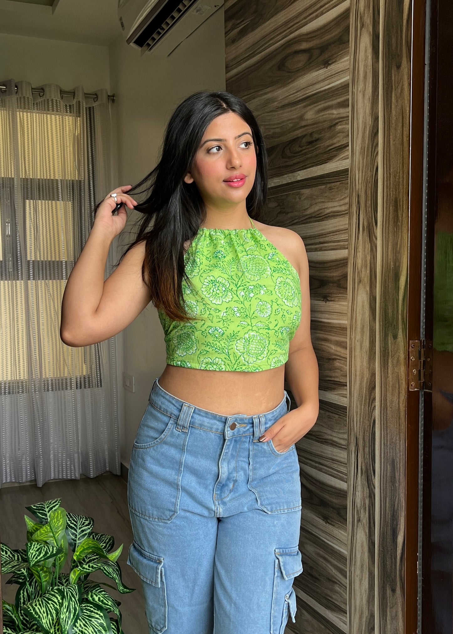 Cotton Halter Neck Top - Lime Green