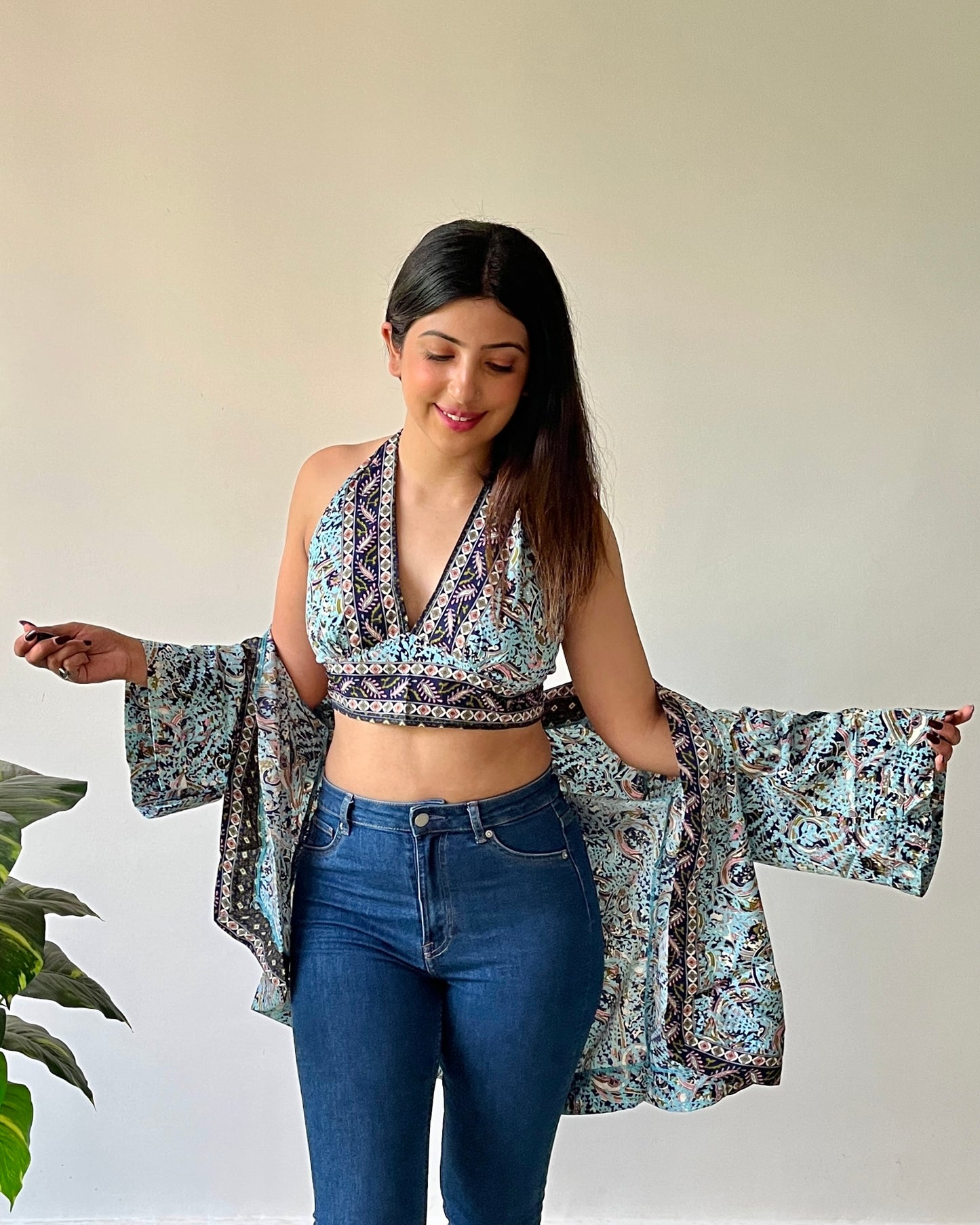 Kimono & Halter Neck Top Set (2 Piece) - Celeste Blue